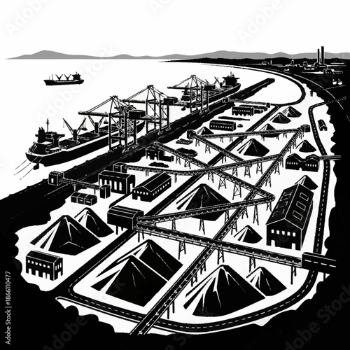 Industrial port with cargo ships and coal piles.