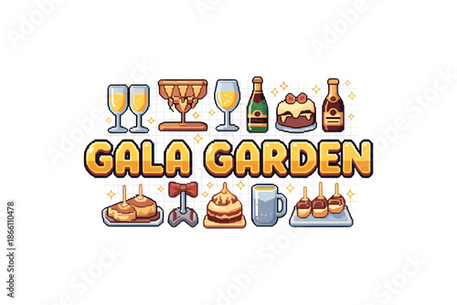 Retro pixel art gala celebration with food and drinks