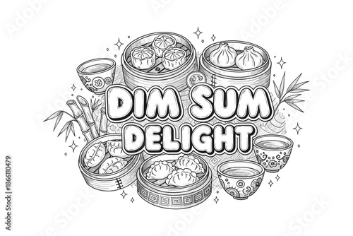 Dim sum delight: intricate black and white sketch of dumplings and tea set