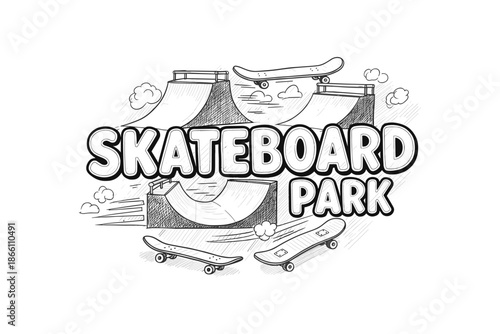 Skateboard park sketch with ramps and skateboards