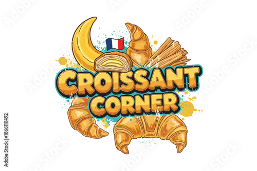 Croissant corner logo with french flag and pastry elements