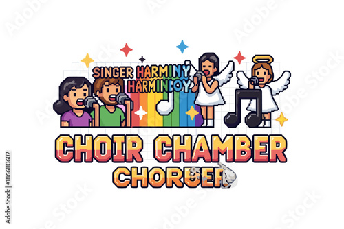 Colorful choir chamber singers cartoon with musical notes and angels