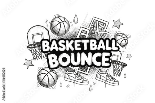 Basketball bounce: dynamic hand-drawn sketch with hoops and sneakers