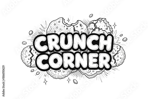 Retro comic style cookie design with crunch corner text for bakery branding