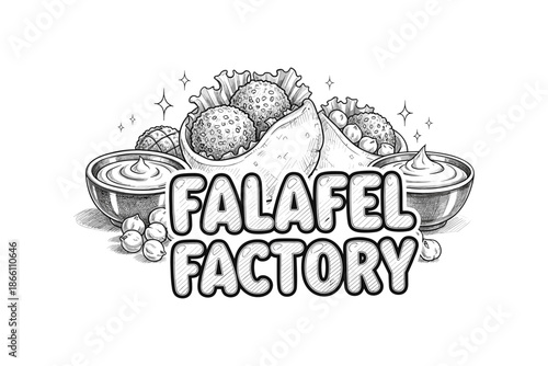 Retro style falafel factory logo with hand-drawn elements and chickpeas