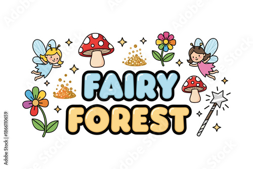 Whimsical fairy forest with cute fairies, colorful flowers, and magic elements