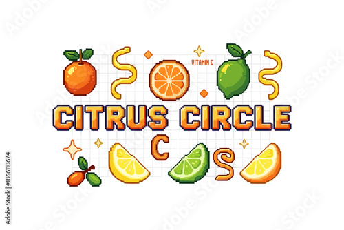 Pixel art citrus collection with orange, lemon, and lime in vibrant colors