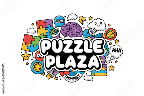 Colorful puzzle game concept with cartoon elements and brain teaser icons