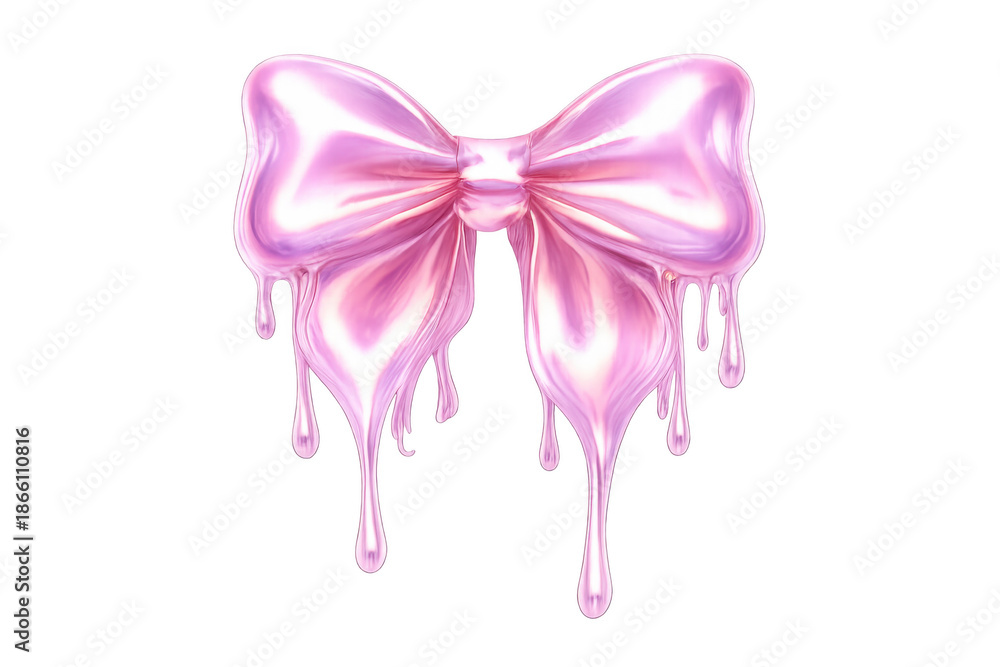 Fototapeta premium Pink melting metallic bow dripping glossy liquid slime, abstract glossy gift ribbon becoming liquid, transparent background