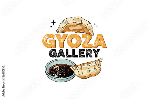 Rustic gyoza logo with dumplings and soy sauce