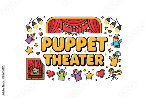 Colorful puppet theater design with curtains, puppets, and stage elements