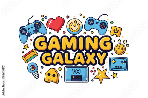 Retro gaming design with controllers and icons in colorful cartoon style