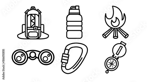 set of vector outdoor tool icons for design with simple and clean line art shapes, isolated on white background, representing outdoor activity, freedom, and great for pattern element