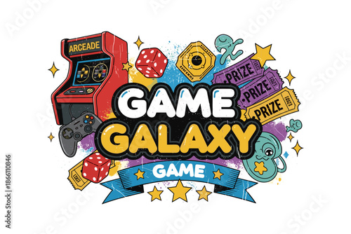 Retro arcade fun with games and prizes in a colorful comic style design