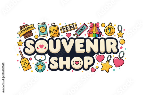 Souvenir shop banner with icons and text in colorful cartoon style