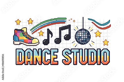 Vibrant 8-bit dance studio design with disco ball and musical notes