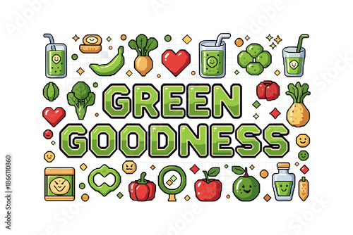 Vibrant cartoon pattern of healthy fruits and vegetables with text in green tones
