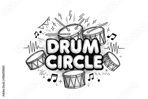 Drum circle celebration with musical instruments and notes in sketch style