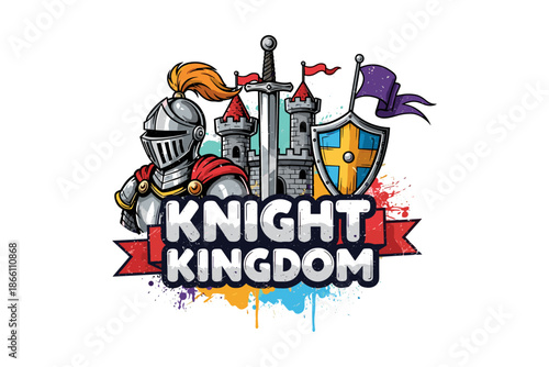 Medieval knight and castle design with sword and shield