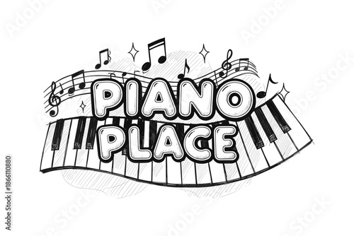 Hand drawn musical notes and piano keys with playful text design