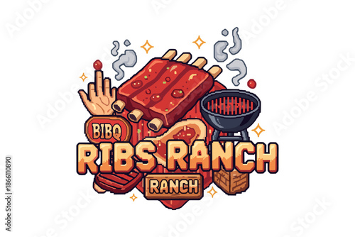 Pixel art bbq ribs with grill, smoke, and spice elements