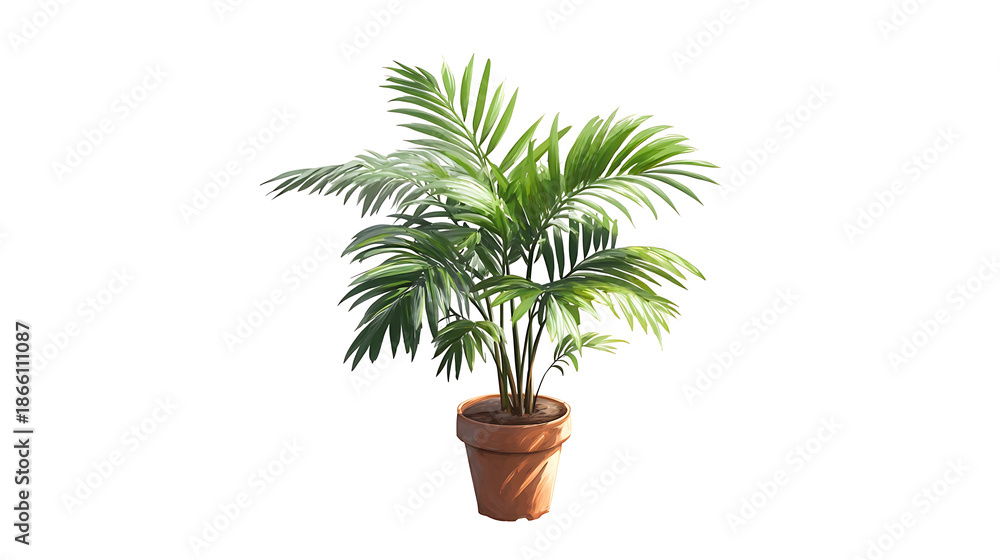 Fototapeta premium Small Potted Palm Tree in Terracotta Pot Isolated small plant
