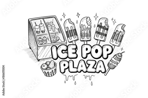 Hand drawn ice cream parlor with popsicles and desserts
