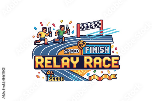 Dynamic pixel art relay race with runners racing to finish line