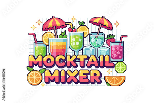 Colorful mocktail mixer with tropical fruit garnishes and umbrellas