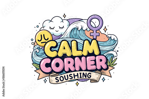 Calm ocean sousing with feminine waves and cloudy sky in whimsical style