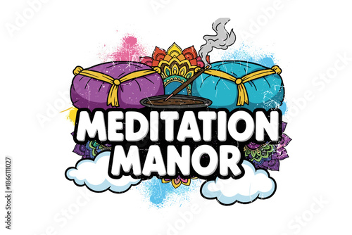 Meditation manor: colorful cushions and incense with mandala backdrop