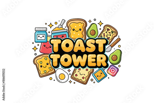Fun toast tower with cute faces and avocado in kawaii style art