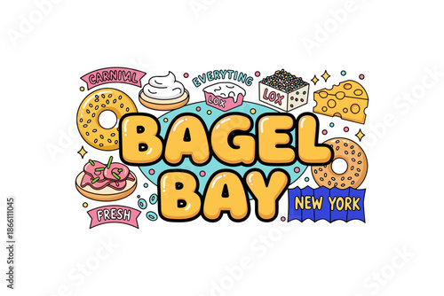 Bagel bay: fresh new york bagels with cream cheese and lox in cartoon style
