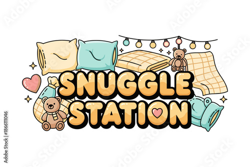 Cozy snuggle station design with pillows and teddy bears
