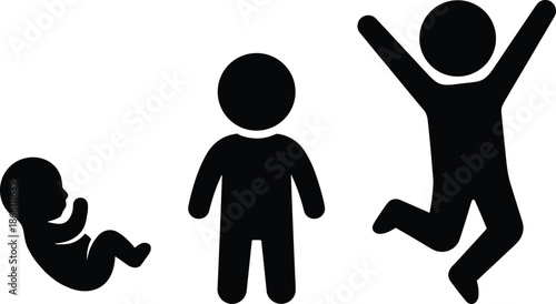 Child growth stages silhouette from baby to jumping kid isolated on white background, childhood development life cycle illustration concept