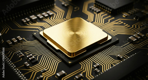 Bild auf Leinwand Gold Computer Processor Chip on Circuit Board with Microchips