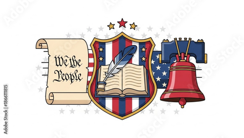 American patriotic symbols, we the people, liberty bell, constitution, shield with quill and book, usa flag background, stars, freedom, democracy, independence