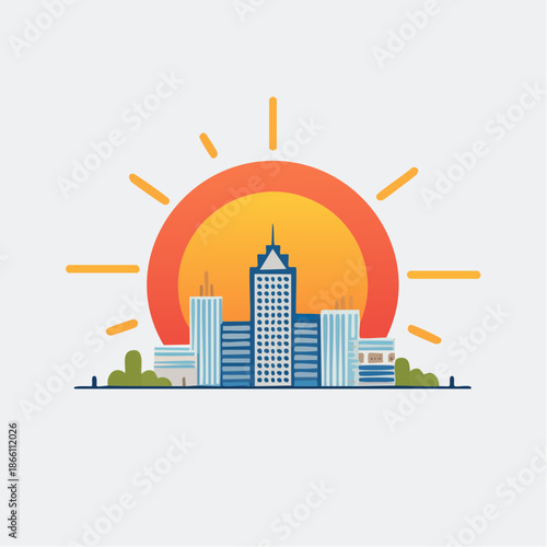 Modern Cityscape at Sunrise with Tall Buildings and Warm Sun Rays Shining Brightly