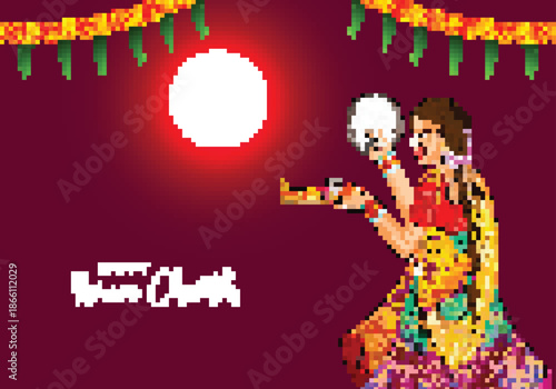 Beautiful woman holding puja thali for Karwa Chauth ritual vector