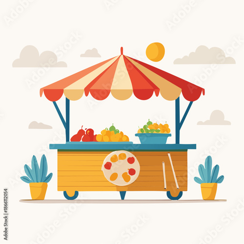 Colorful Fruit Stand With Red And White Striped Canopy Displaying Fresh Produce On A Sunny Day With Potted Plants On Each Side