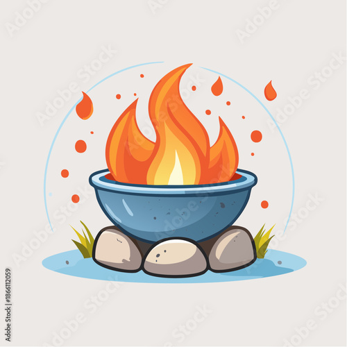 Pixel Art Fire Pit With Orange Flames And Glowing Embers On A Light Grey Background Surrounded By Rocks And Green Grass With Blue Water Droplets