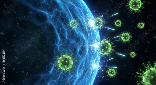 Photos Blue Energy Shield Protecting Against Green Virus Cells Attack