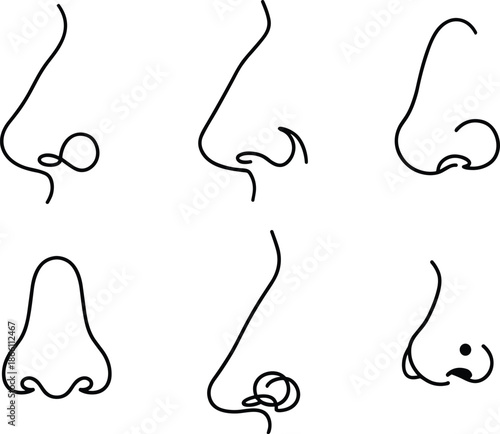 Human nose line art collection showing different shapes profiles and views isolated on white background, minimal face anatomy illustration set
