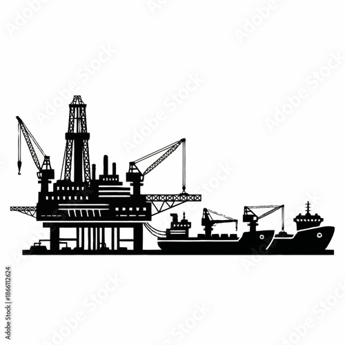 Offshore Oil Rig and Supply Ship Silhouette.