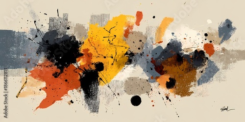 Panel kuchenny z motywem Abstract painting featuring vibrant splashes of yellow, orange, black, and gray on a beige background.