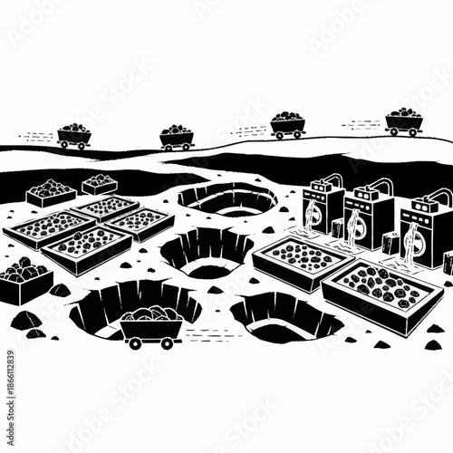 Monochromatic illustration of a mining operation with pits and ore carts.