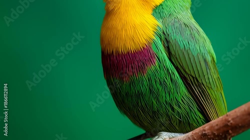 Vibrant colorful bird perched gracefully on a branch surrounded by lush natural greenery