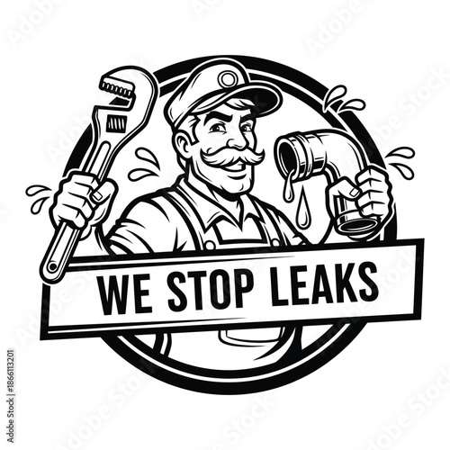 Retro plumber cartoon logo with we stop leaks slogan