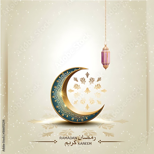 Ramadan Kareem greeting with crescent moon and lantern