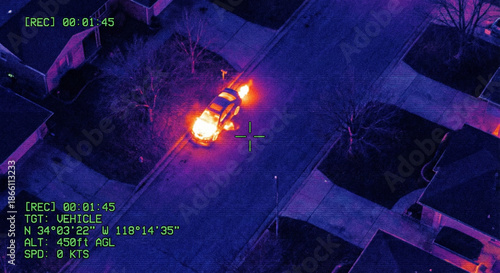 Foto Thermal Imaging Drone View of Car Engine Heat on Night Street